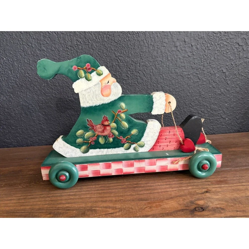 Vintage 1990s Briar Patch Primitives Hand Painted Wood Santa Claus on Wheels Chr